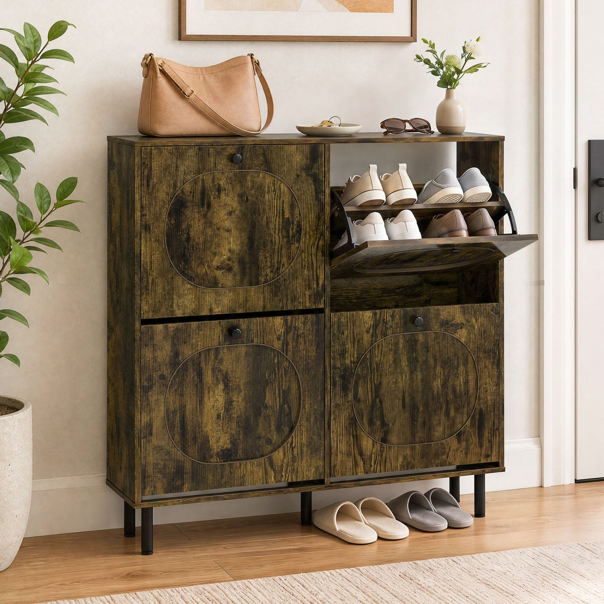Shoe Storage Cabinet with 4 Flip Drawers - Rustic Brown 1