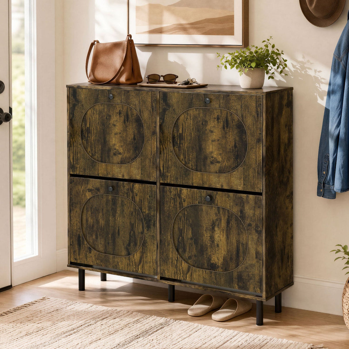 Shoe Storage Cabinet with 4 Flip Drawers - Rustic Brown 2