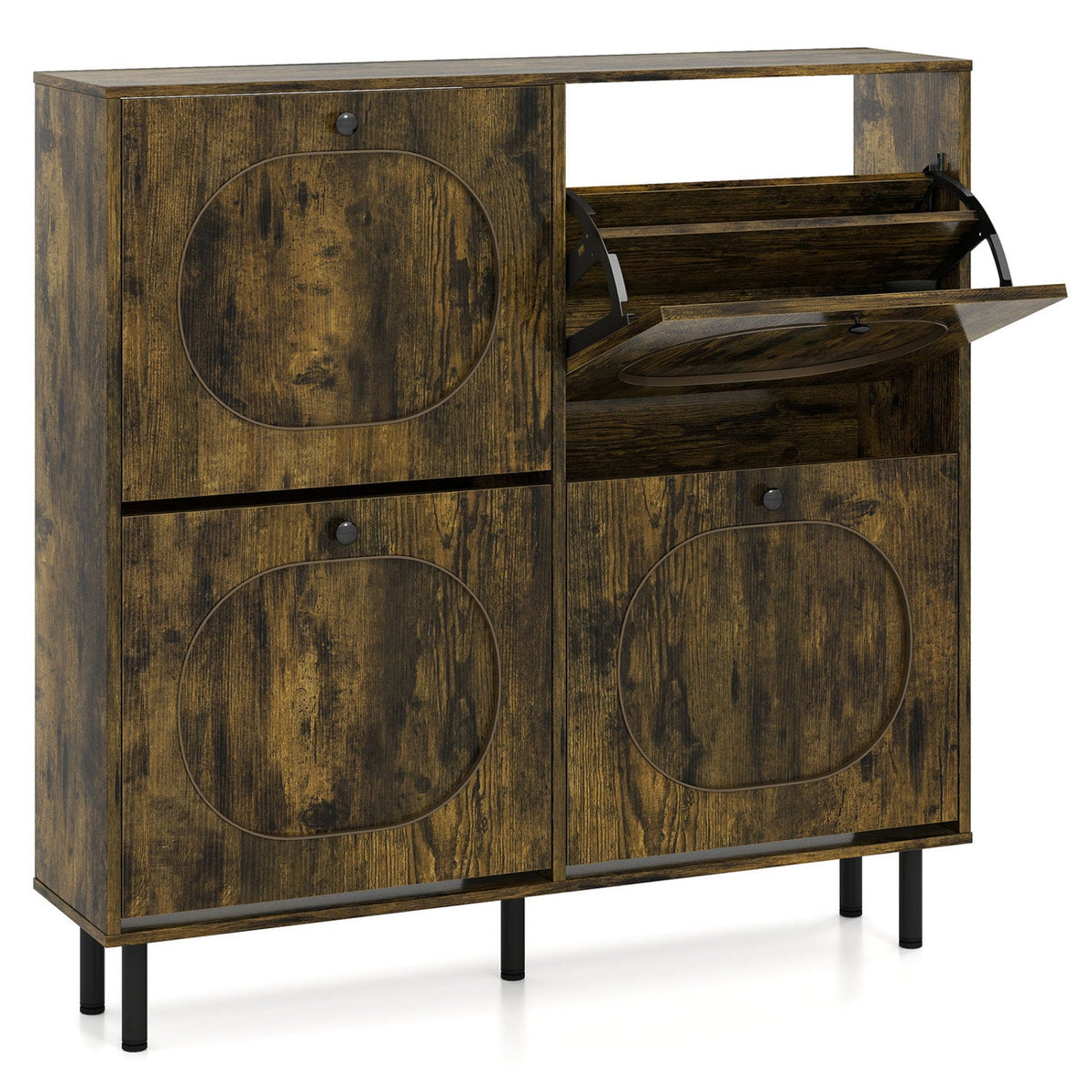 Shoe Storage Cabinet with 4 Flip Drawers - Rustic Brown 3