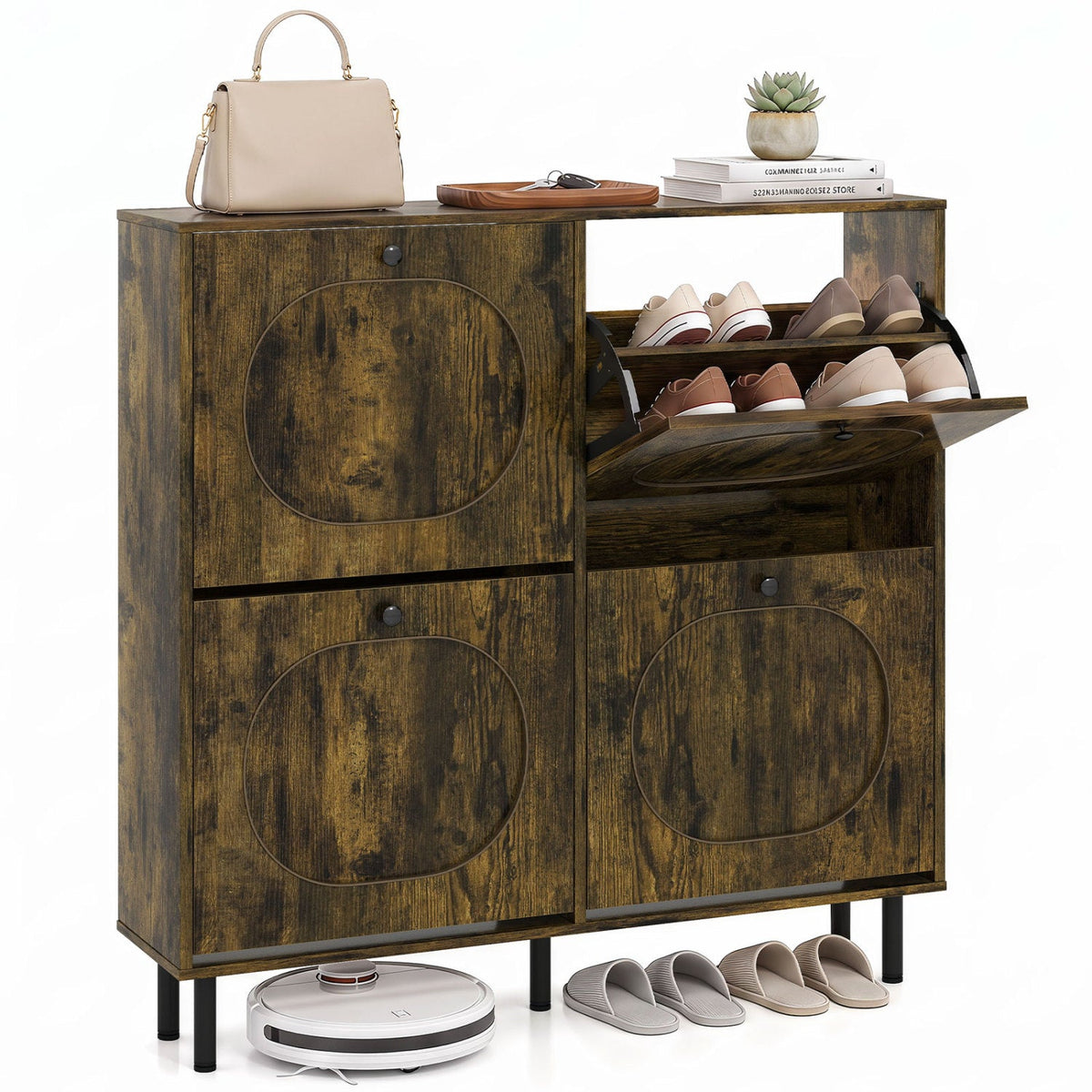 Shoe Storage Cabinet with 4 Flip Drawers - Rustic Brown 4