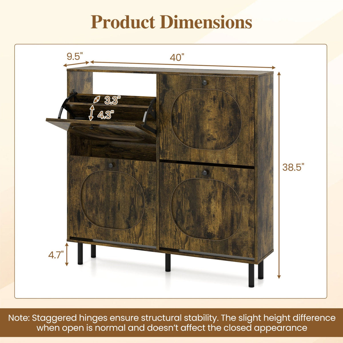 Shoe Storage Cabinet with 4 Flip Drawers - Rustic Brown 5