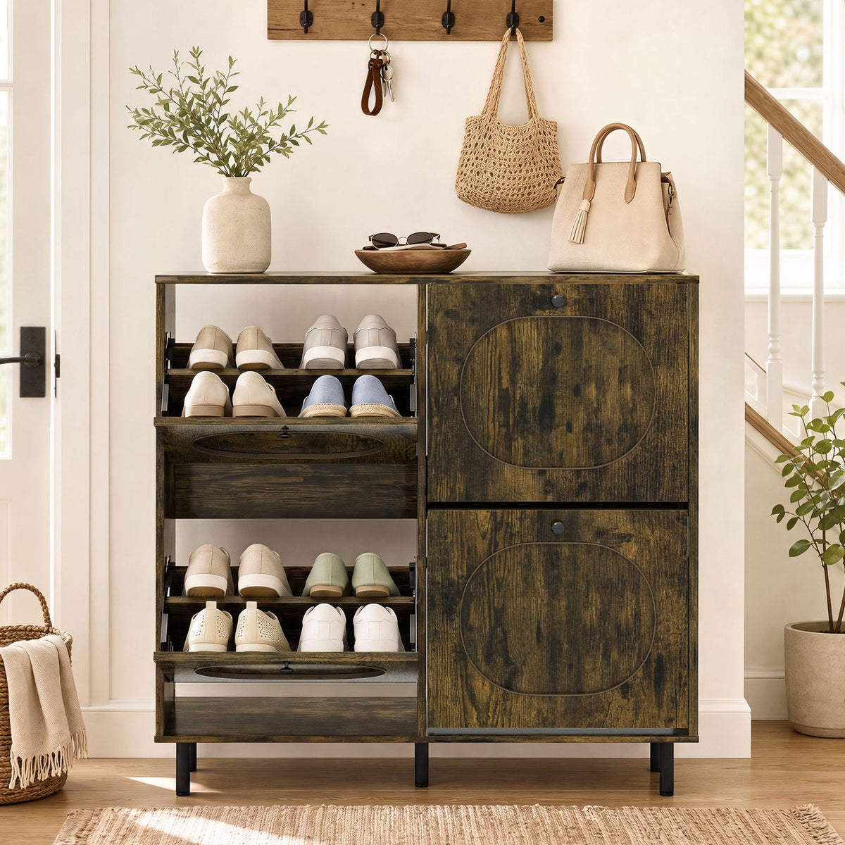 Shoe Storage Cabinet with 4 Flip Drawers - Rustic Brown 6