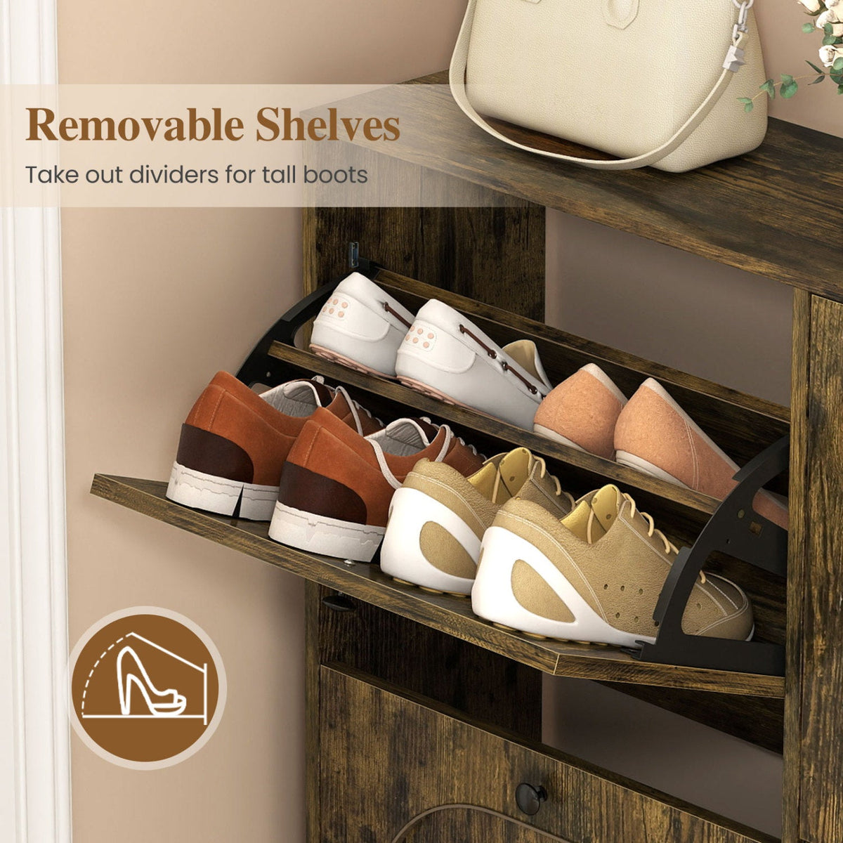 Shoe Storage Cabinet with 4 Flip Drawers - Rustic Brown 7