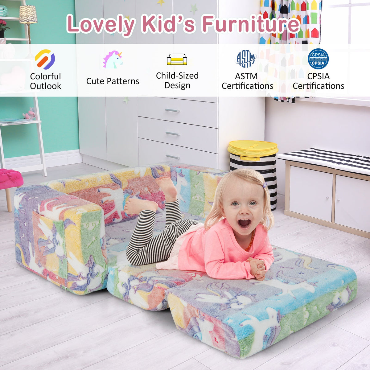 2-in-1 Flip Out Kids Sofa Chair with Detachable Flannel Fabric Cover and Glowing Patterns-Color 6