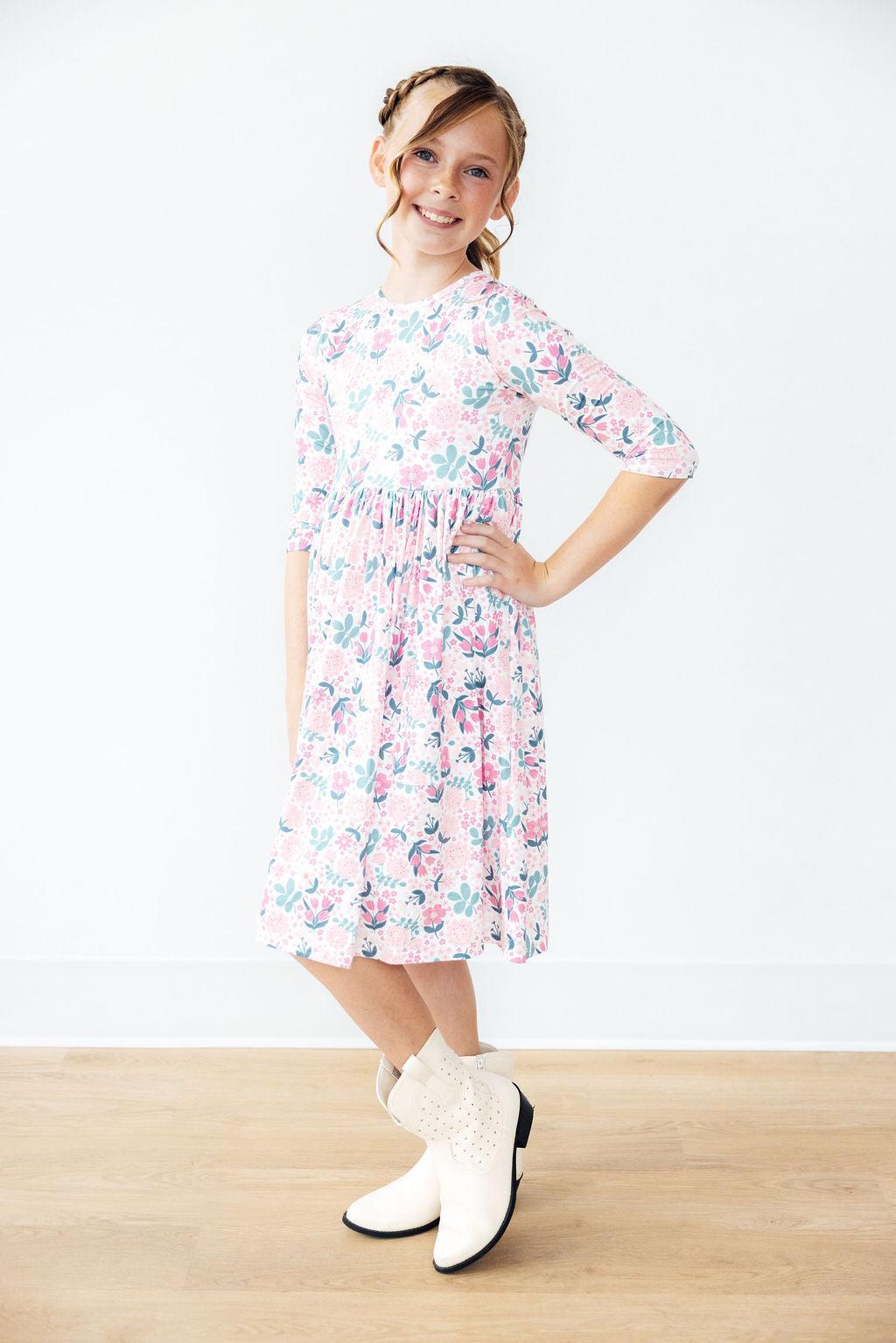 Softly Blooming 3/4 Sleeve Pocket Twirl Dress 2