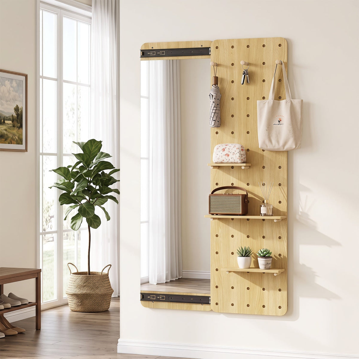 Full Length Wall Mirror with Sliding Pegboard & Shelves 1