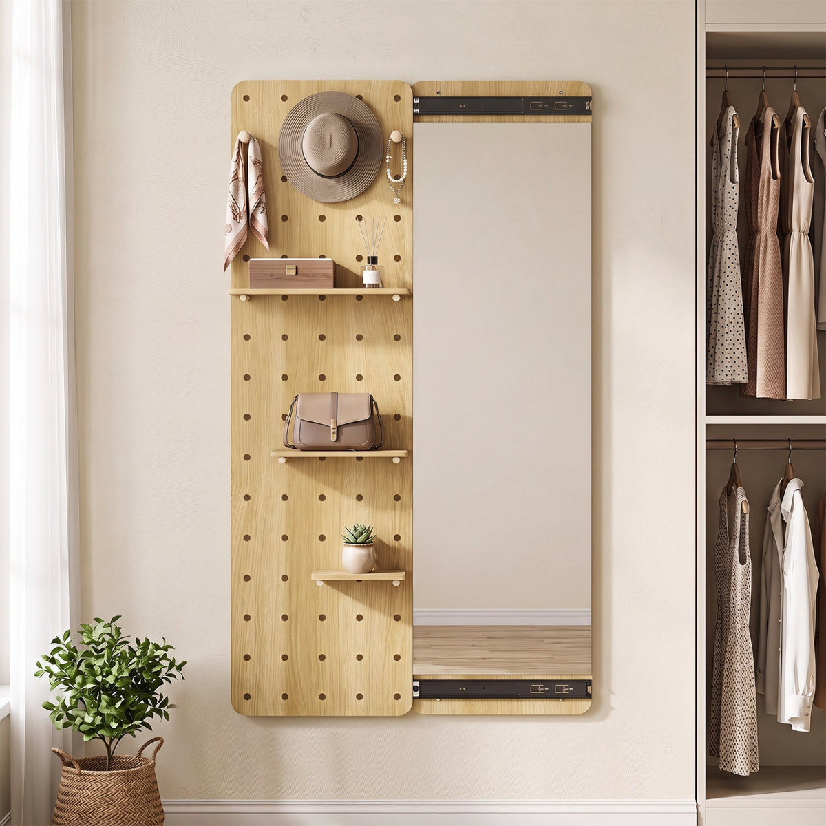 Full Length Wall Mirror with Sliding Pegboard & Shelves 2