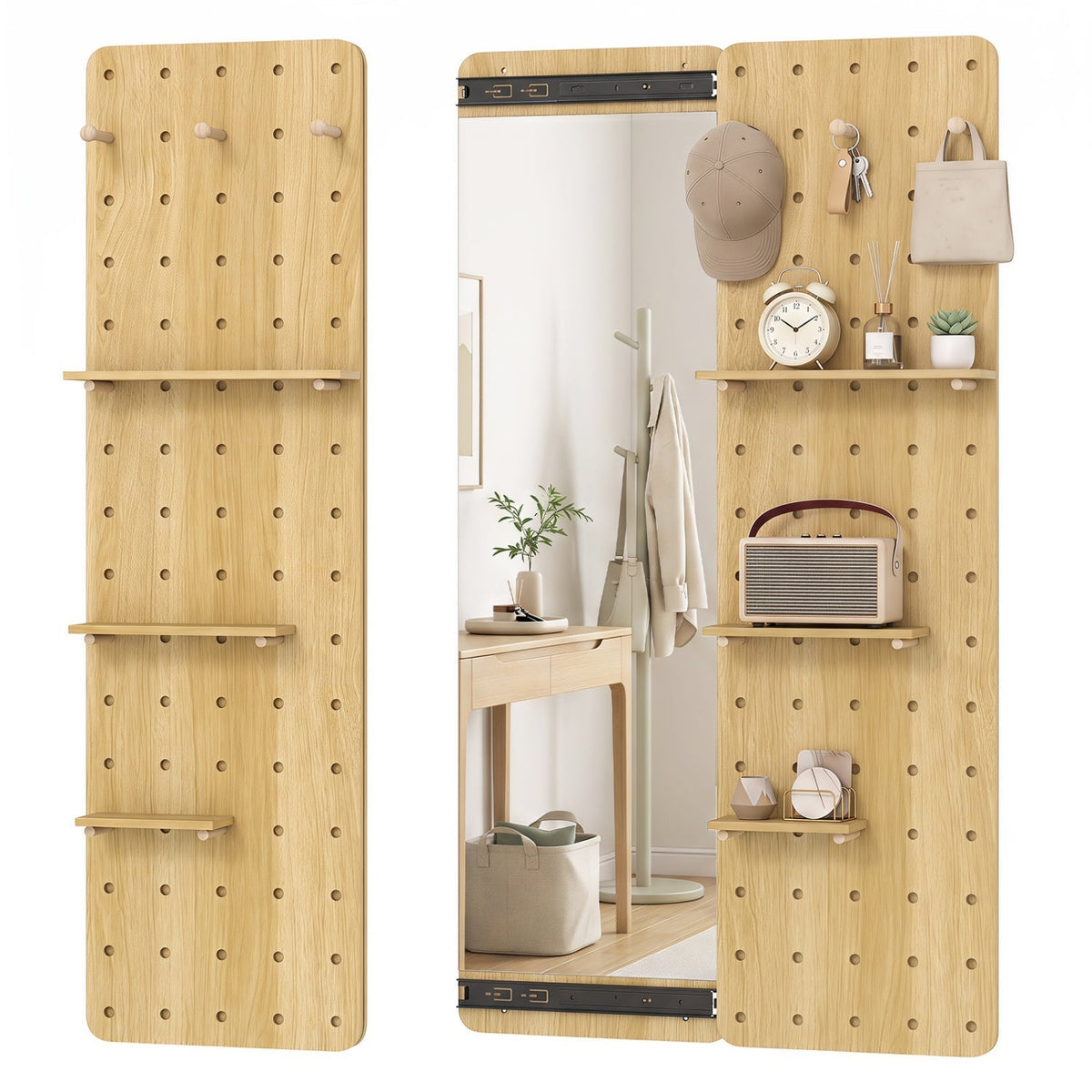 Full Length Wall Mirror with Sliding Pegboard & Shelves 3