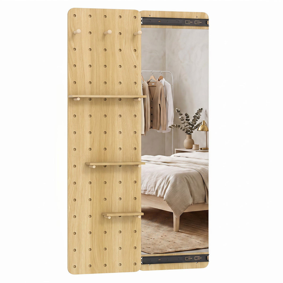 Full Length Wall Mirror with Sliding Pegboard & Shelves 4