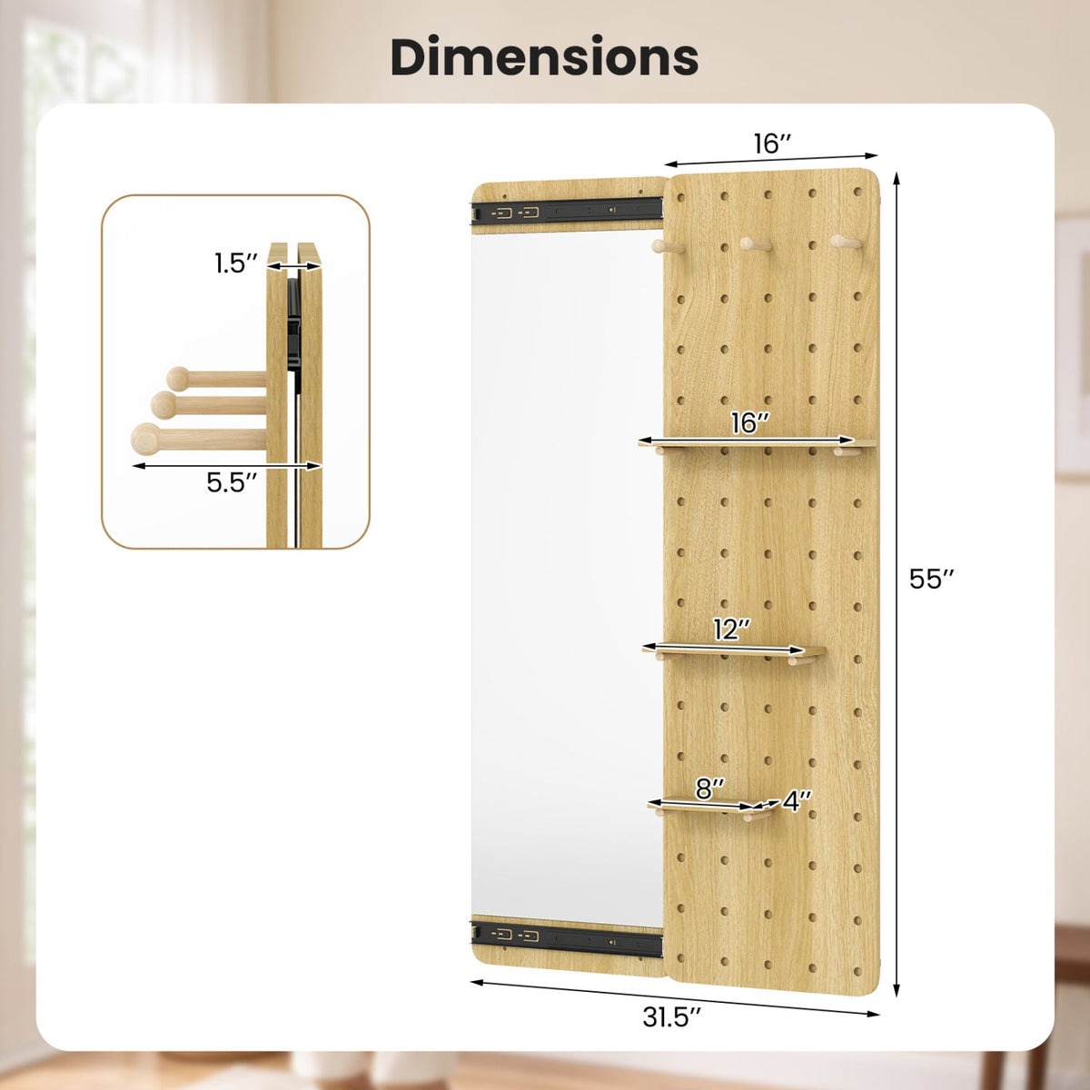 Full Length Wall Mirror with Sliding Pegboard & Shelves 5