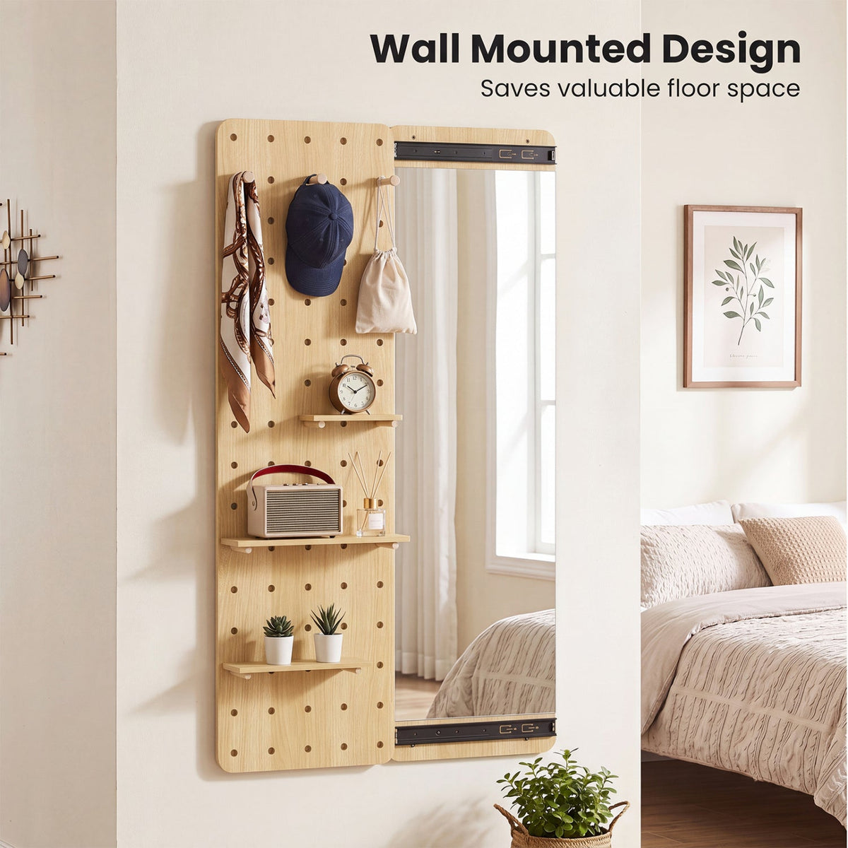 Full Length Wall Mirror with Sliding Pegboard & Shelves 6
