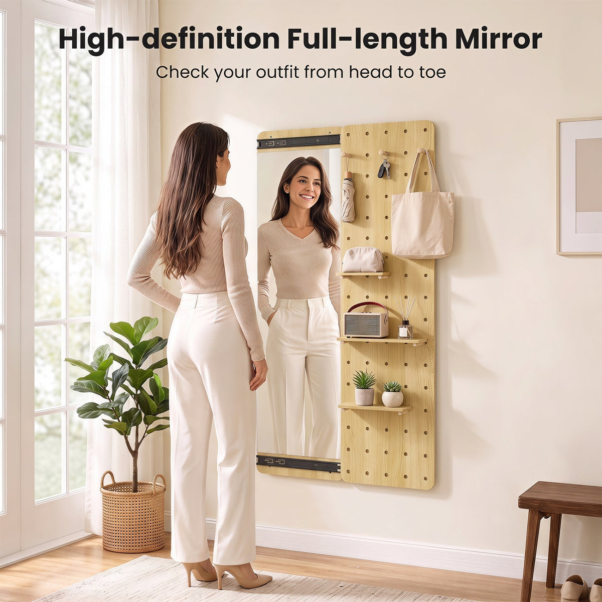 Full Length Wall Mirror with Sliding Pegboard & Shelves 7