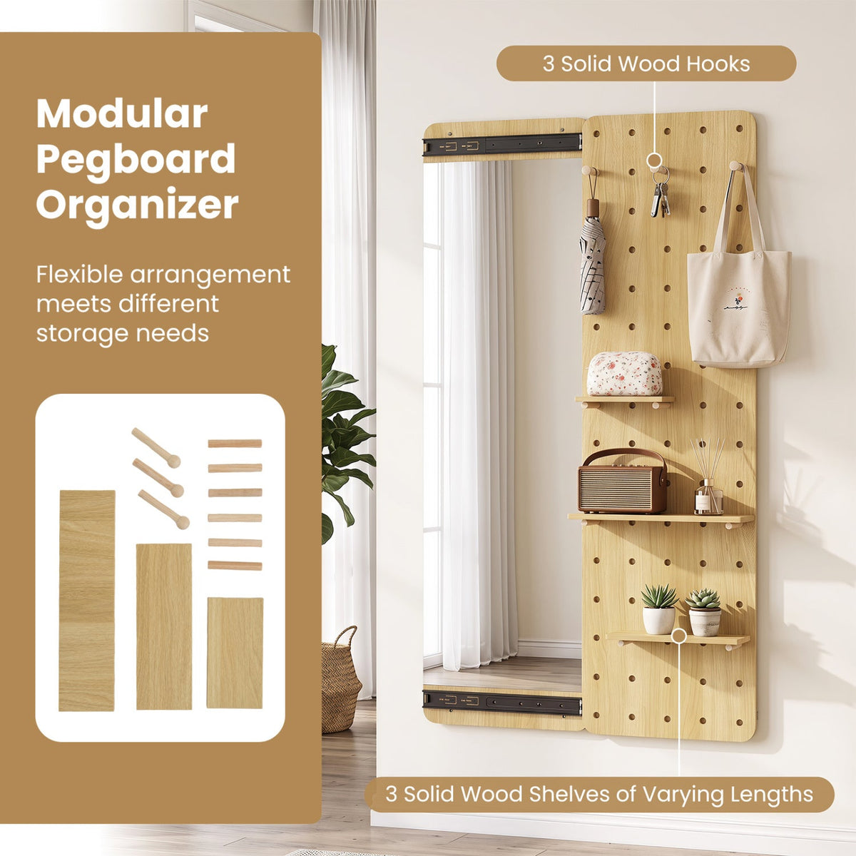 Full Length Wall Mirror with Sliding Pegboard & Shelves 8