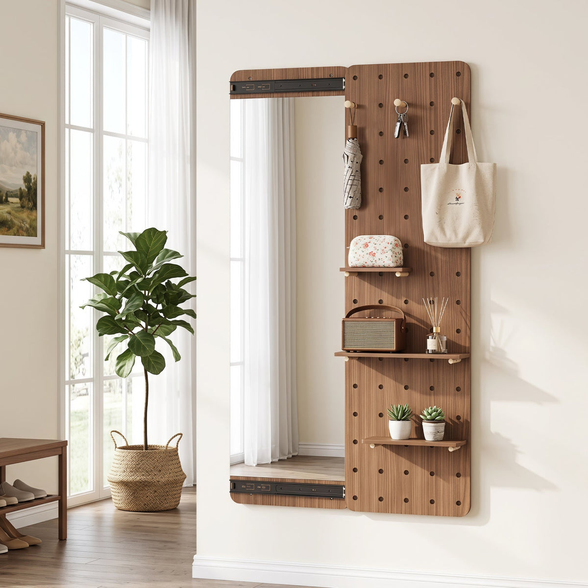Full Length Wall Mirror with Sliding Pegboard & Shelves 9
