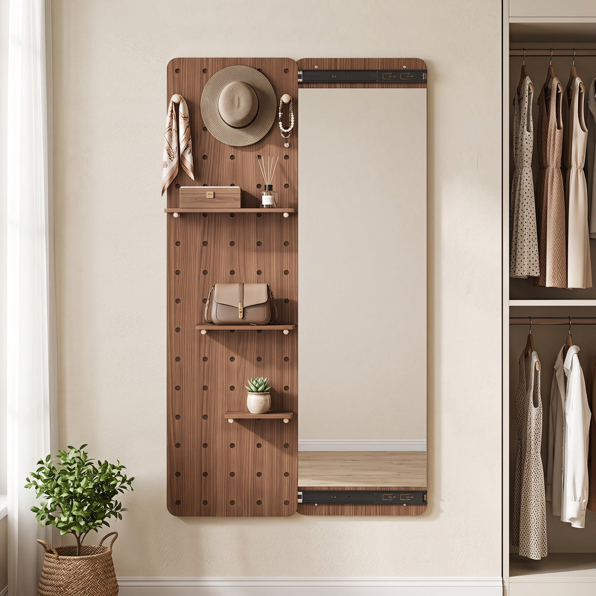 Full Length Wall Mirror with Sliding Pegboard & Shelves 10