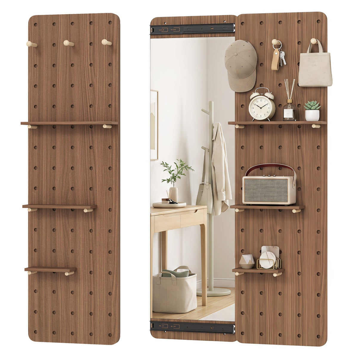 Full Length Wall Mirror with Sliding Pegboard & Shelves 11