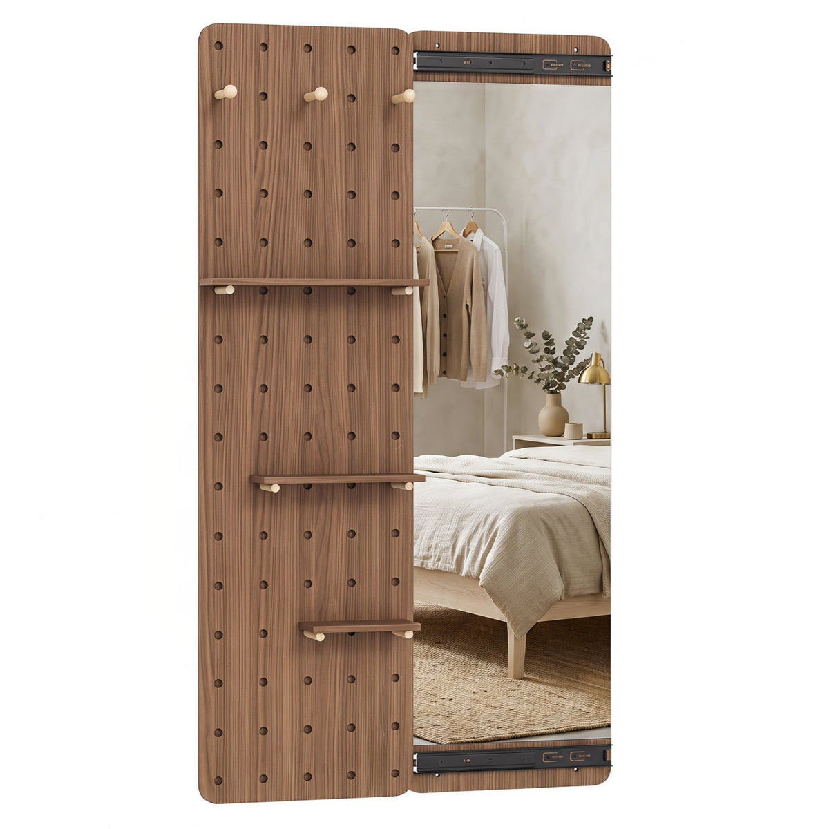 Full Length Wall Mirror with Sliding Pegboard & Shelves 12