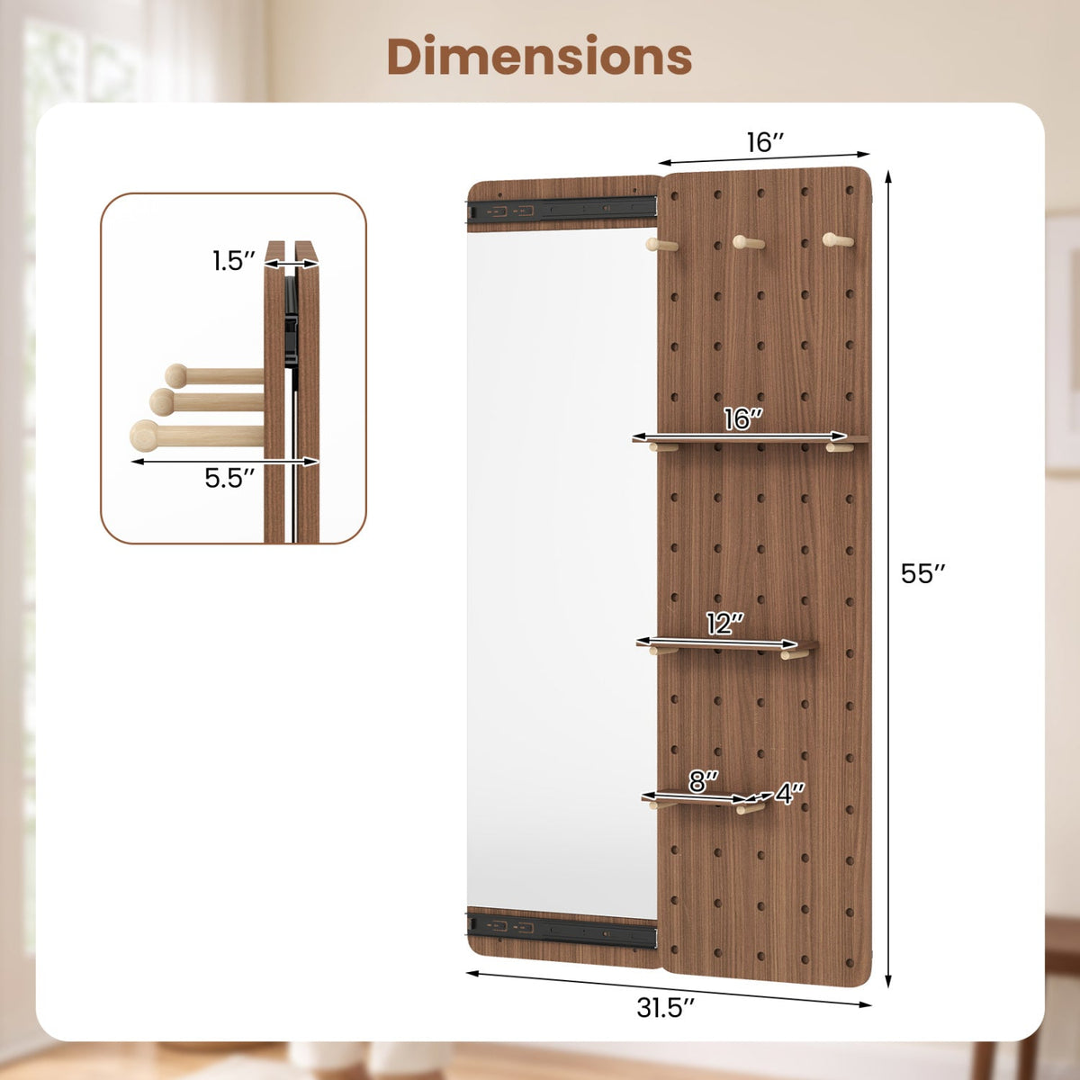 Full Length Wall Mirror with Sliding Pegboard & Shelves 13