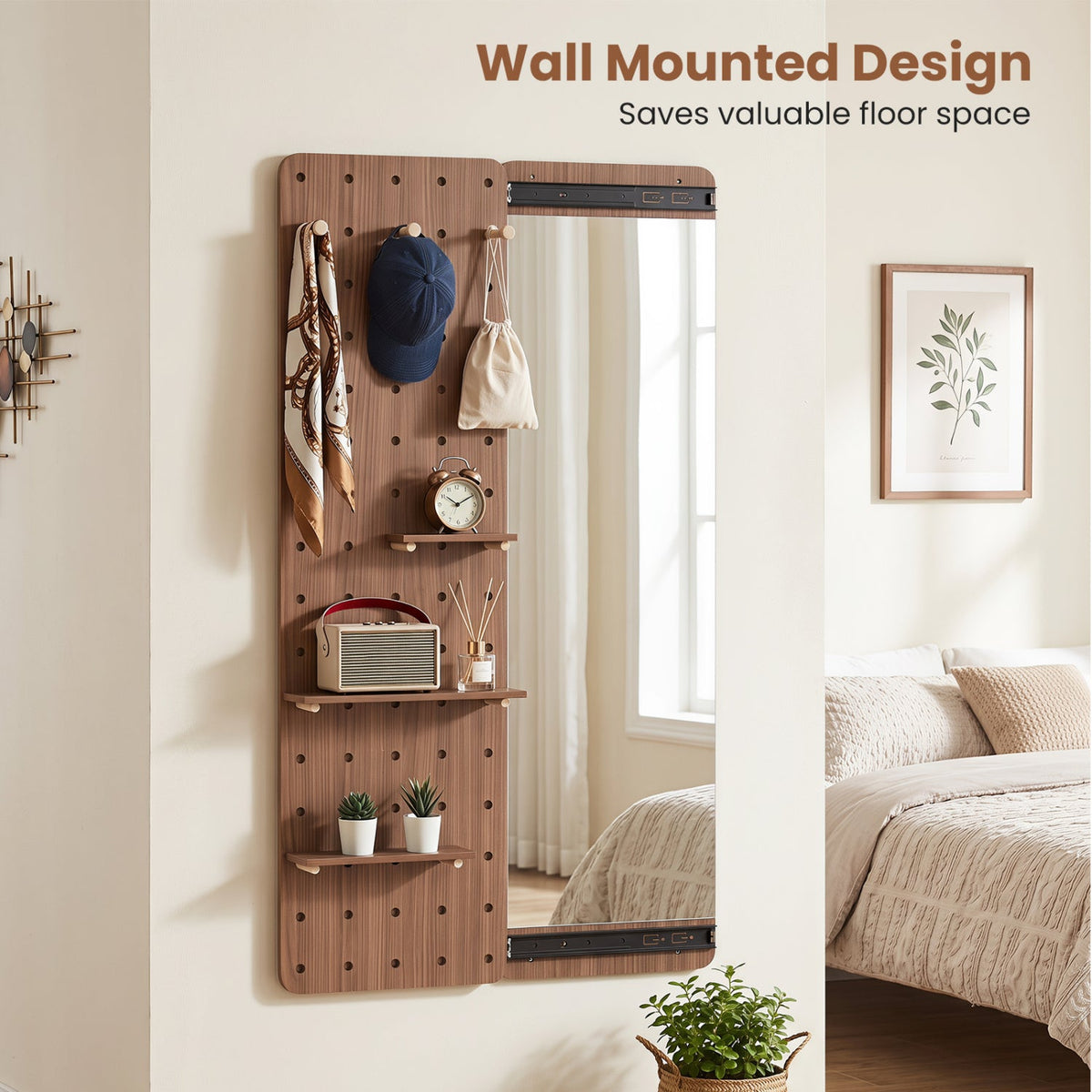 Full Length Wall Mirror with Sliding Pegboard & Shelves 14