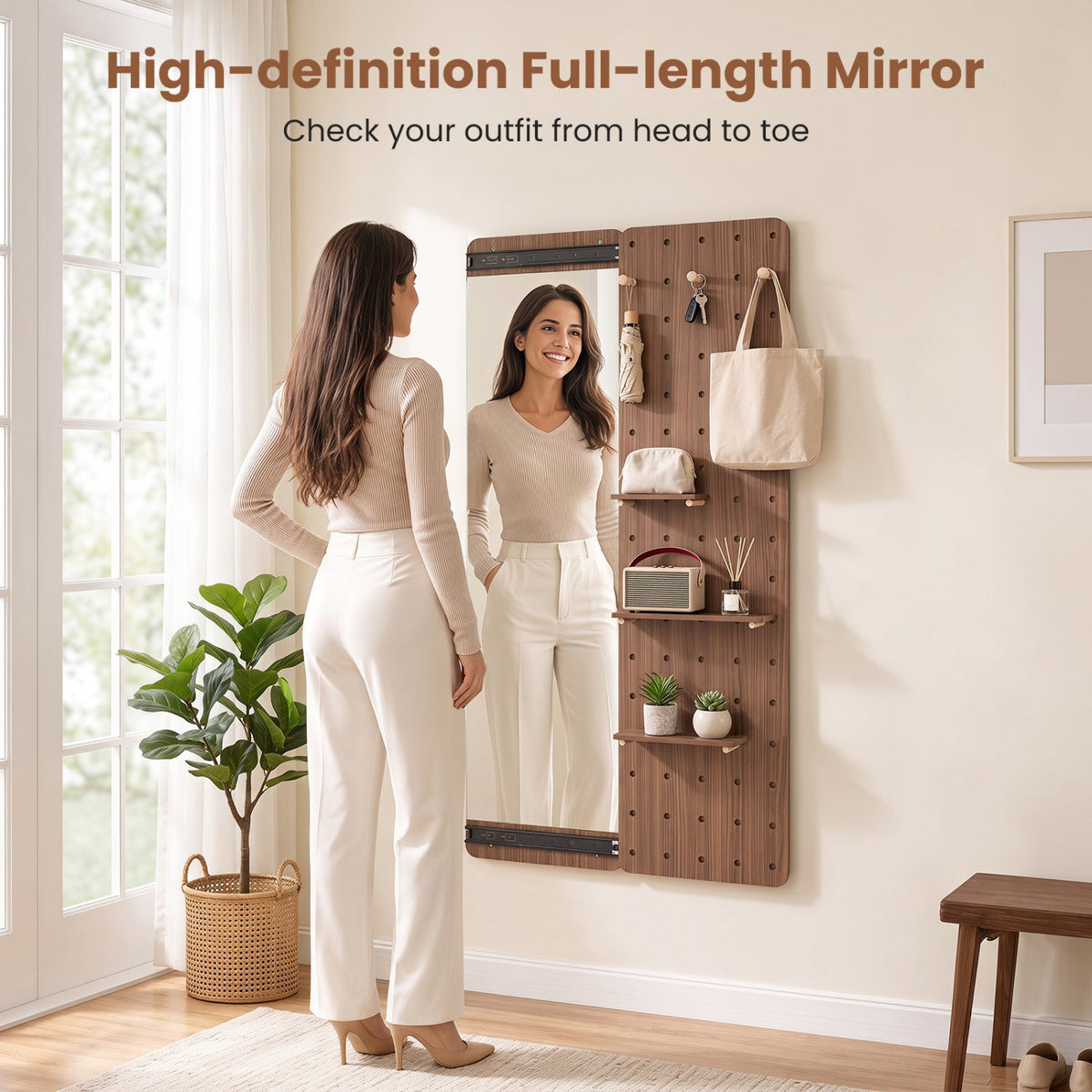 Full Length Wall Mirror with Sliding Pegboard & Shelves 15