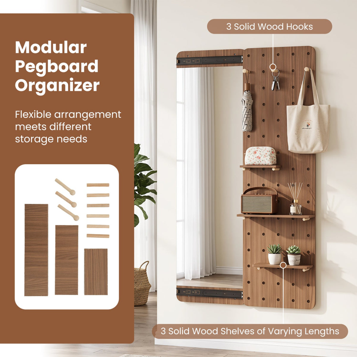 Full Length Wall Mirror with Sliding Pegboard & Shelves 16