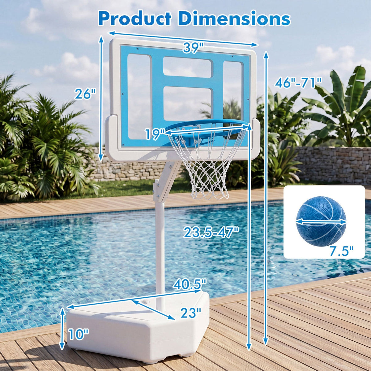 Pool Basketball Hoop with Adjustable Height & 2 Balls 12