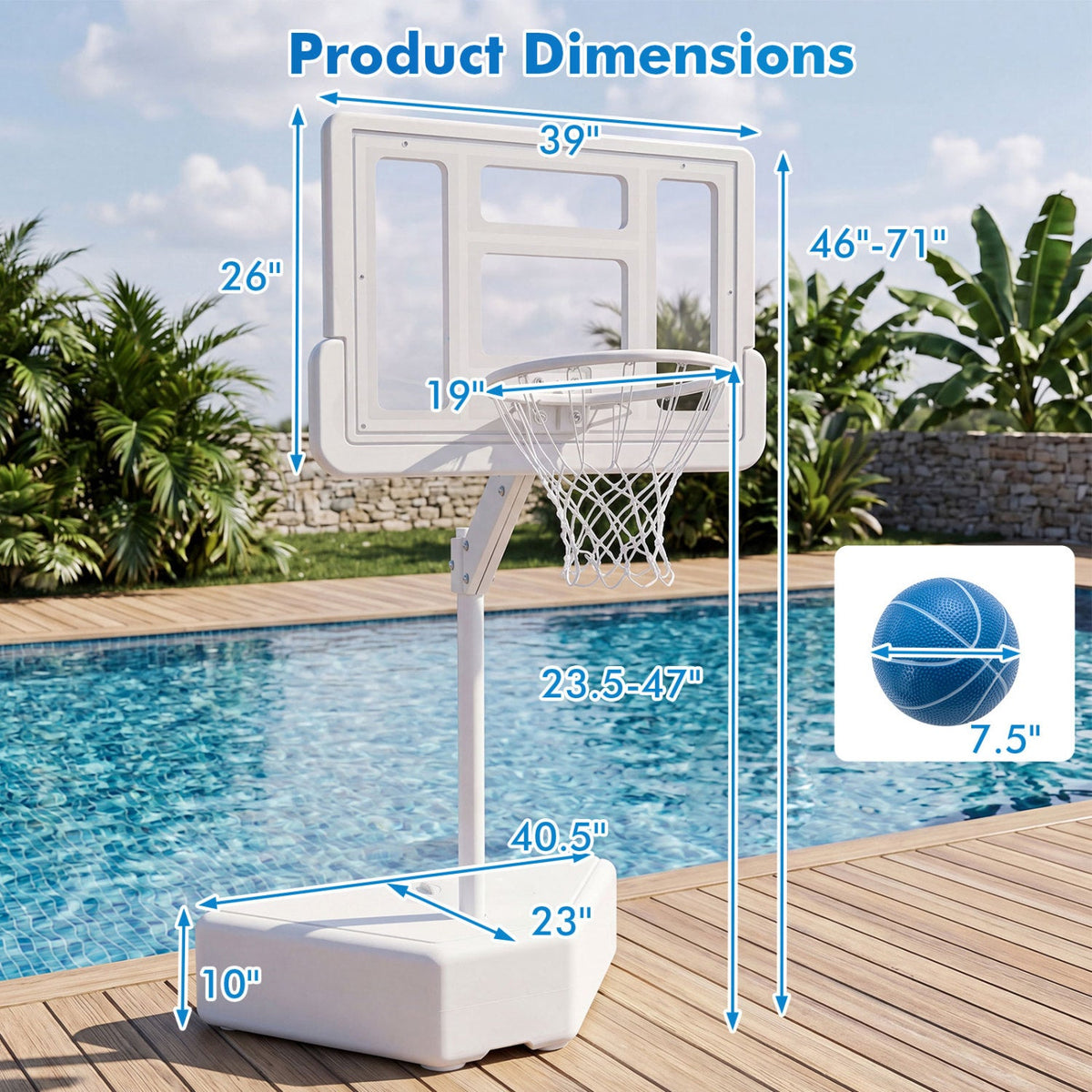 Pool Basketball Hoop with Adjustable Height & 2 Balls 4