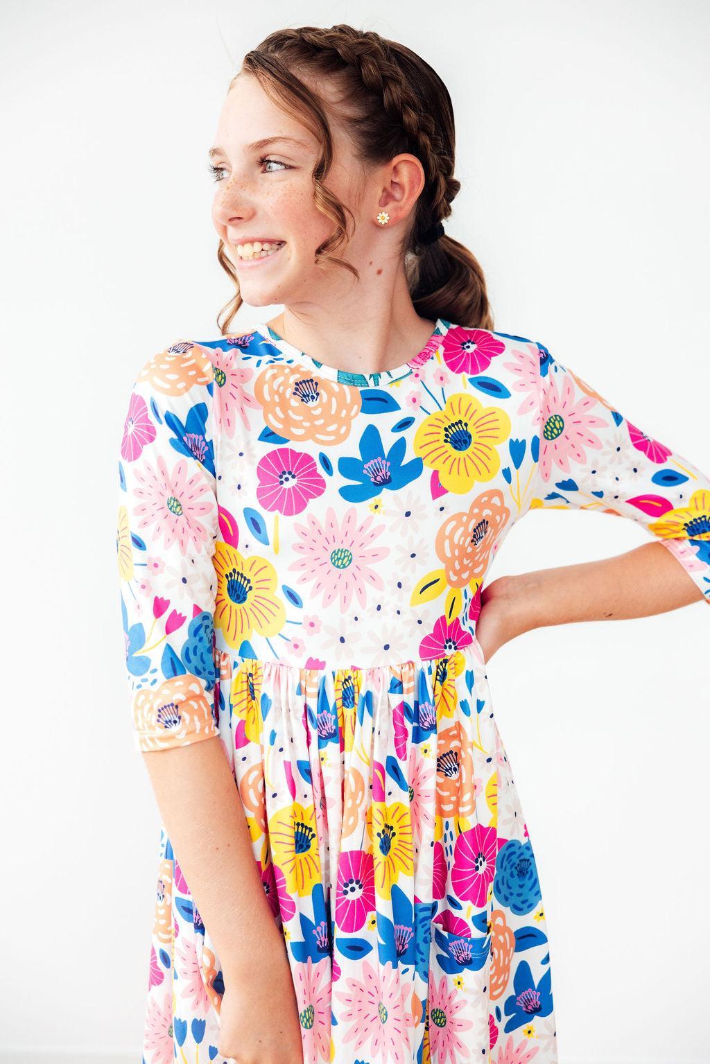 SALE Sunshine Floral 3/4 Sleeve Pocket Twirl Dress 1