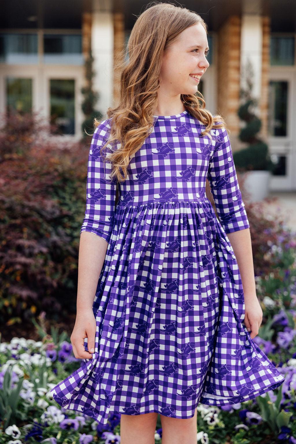 TCU Plaid Frog 3/4 Sleeve Pocket Twirl Dress 7