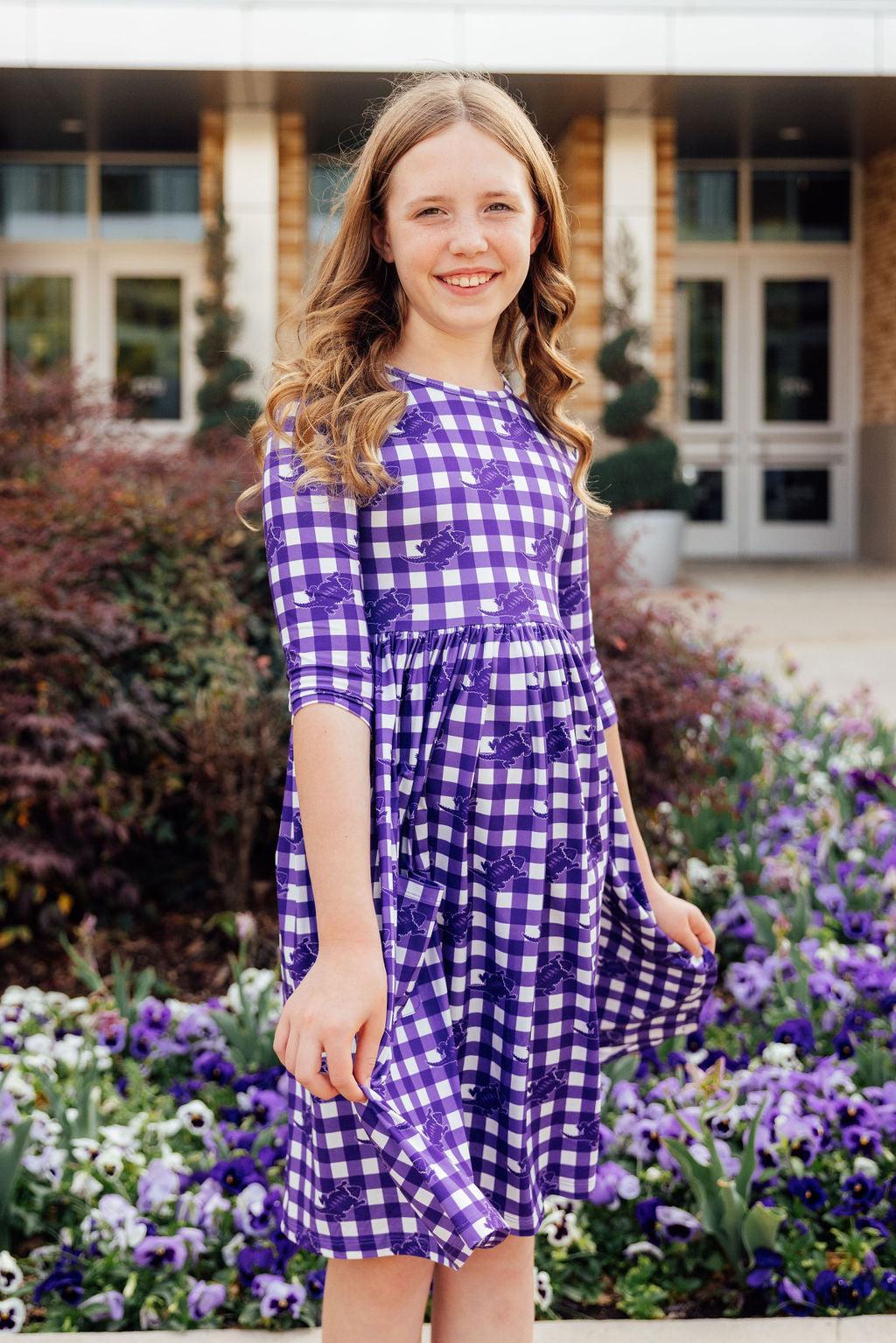 TCU Plaid Frog 3/4 Sleeve Pocket Twirl Dress 9