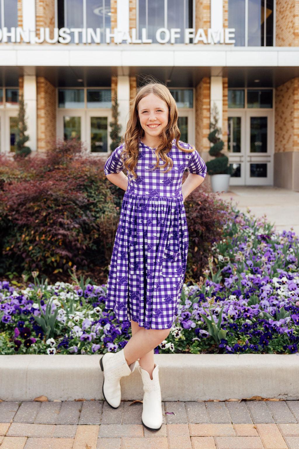 TCU Plaid Frog 3/4 Sleeve Pocket Twirl Dress 1