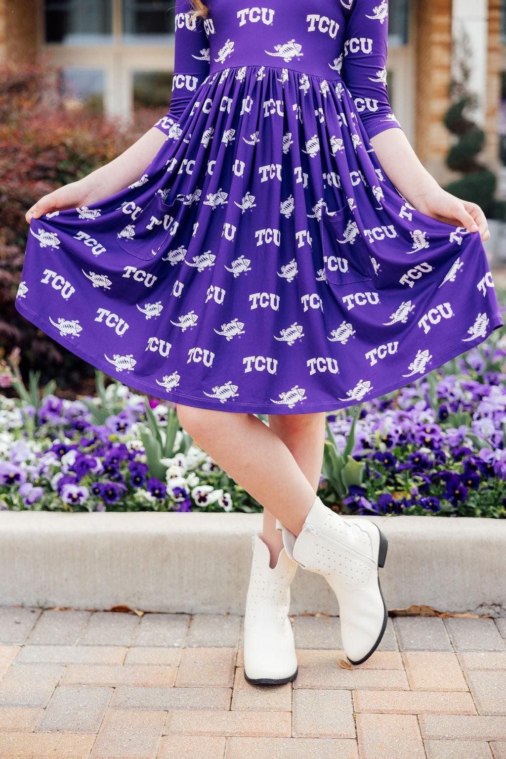 TCU Purple Frog 3/4 Sleeve Pocket Twirl Dress 2
