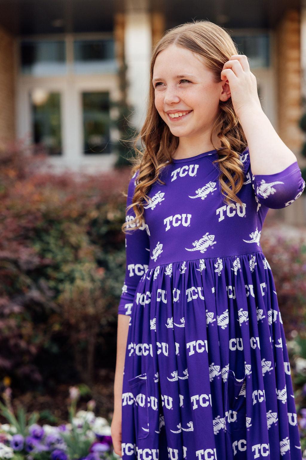 TCU Purple Frog 3/4 Sleeve Pocket Twirl Dress 3