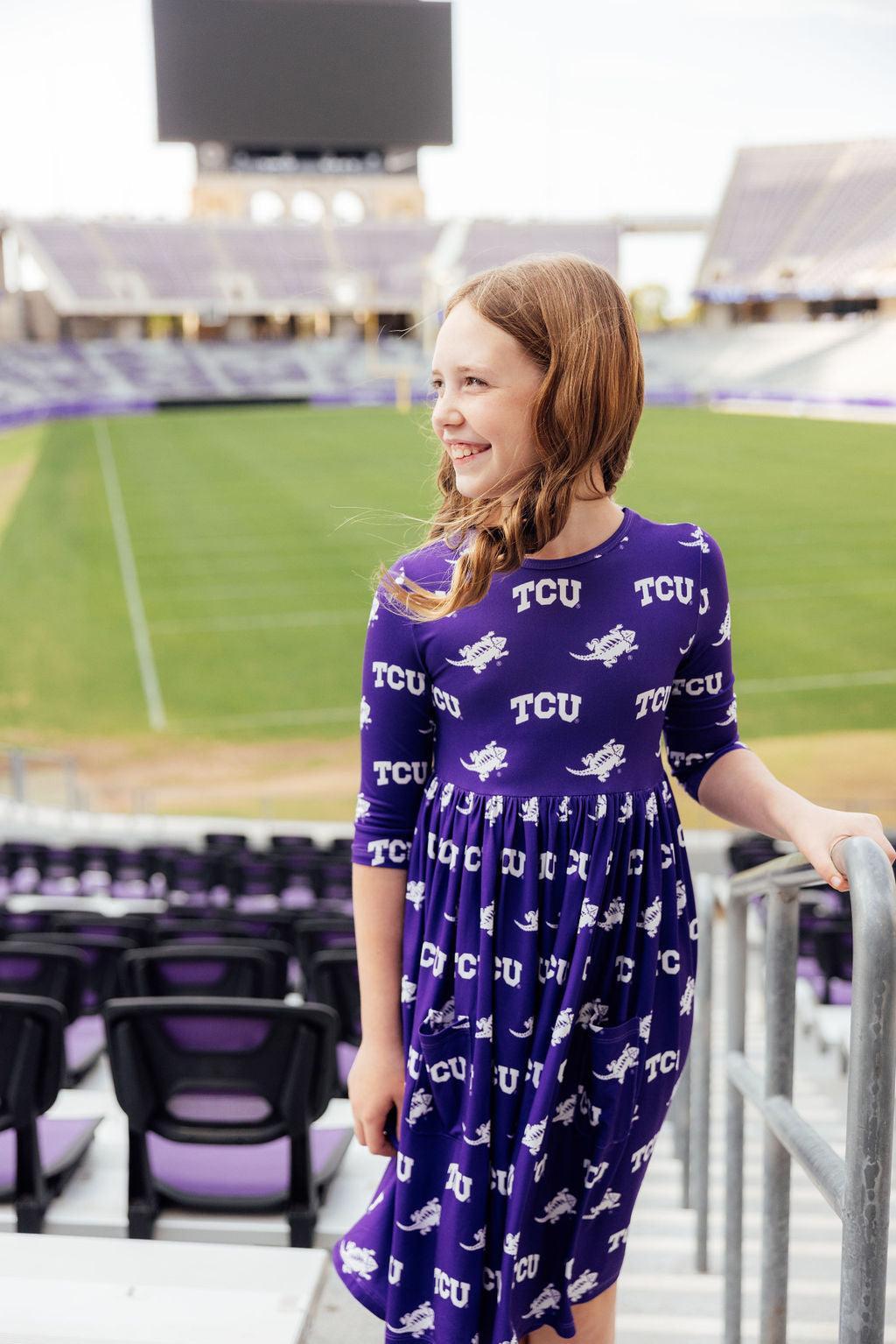 TCU Purple Frog 3/4 Sleeve Pocket Twirl Dress 4