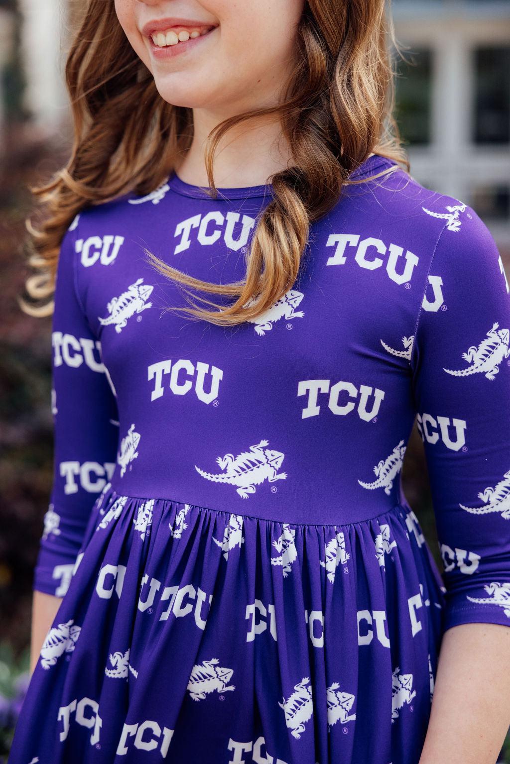 TCU Purple Frog 3/4 Sleeve Pocket Twirl Dress 5