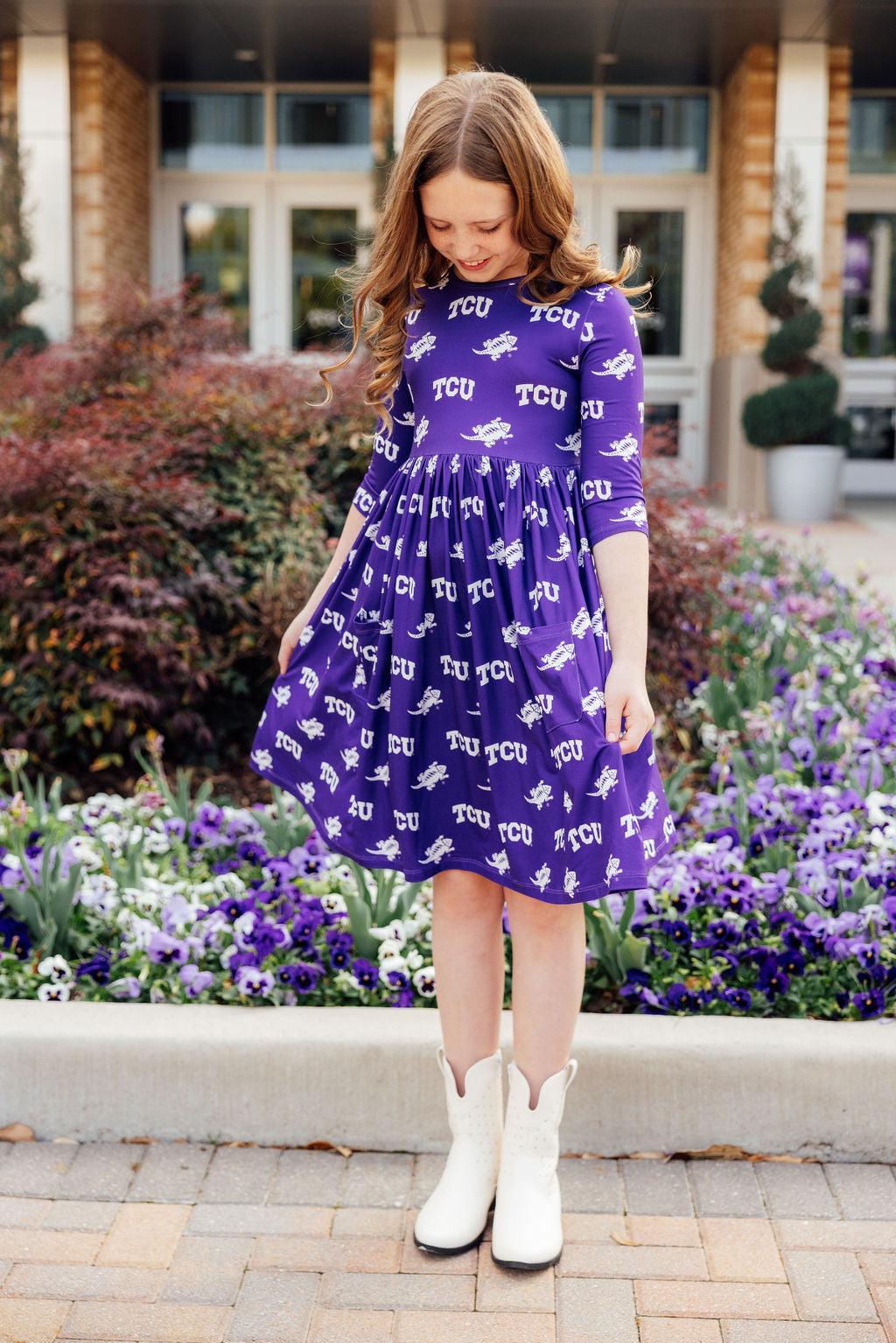 TCU Purple Frog 3/4 Sleeve Pocket Twirl Dress 6