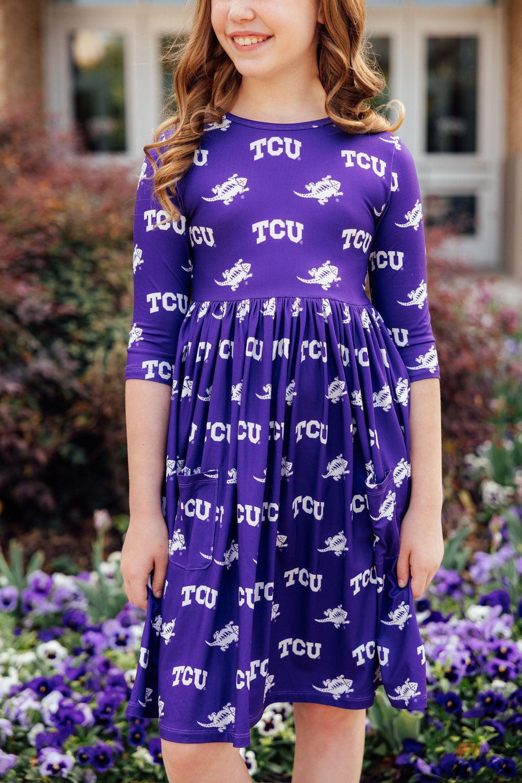 TCU Purple Frog 3/4 Sleeve Pocket Twirl Dress 7