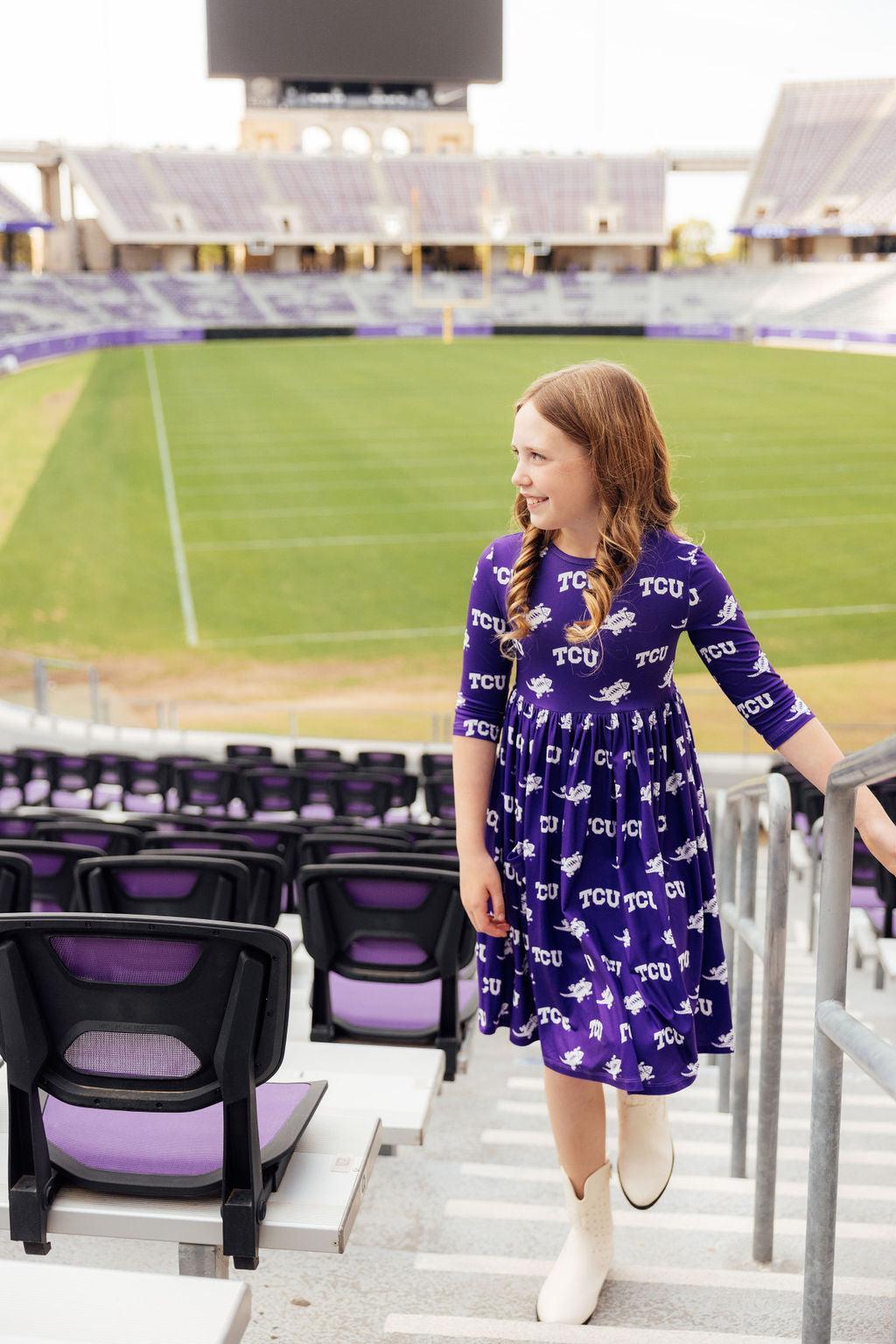TCU Purple Frog 3/4 Sleeve Pocket Twirl Dress 8