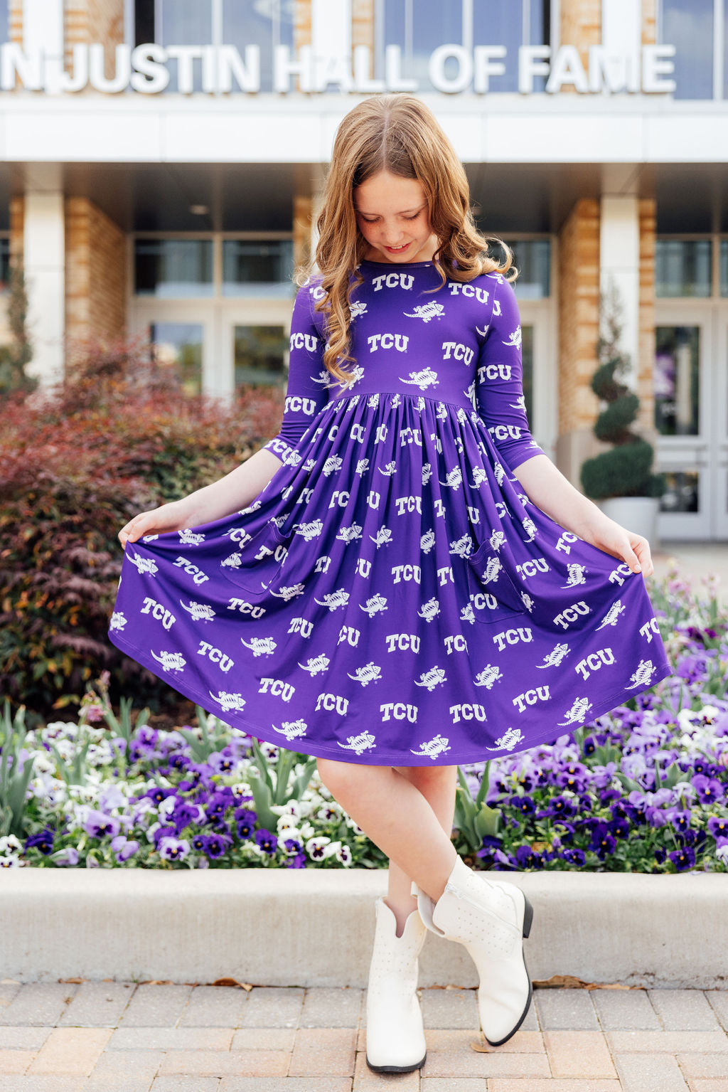 TCU Purple Frog 3/4 Sleeve Pocket Twirl Dress 1