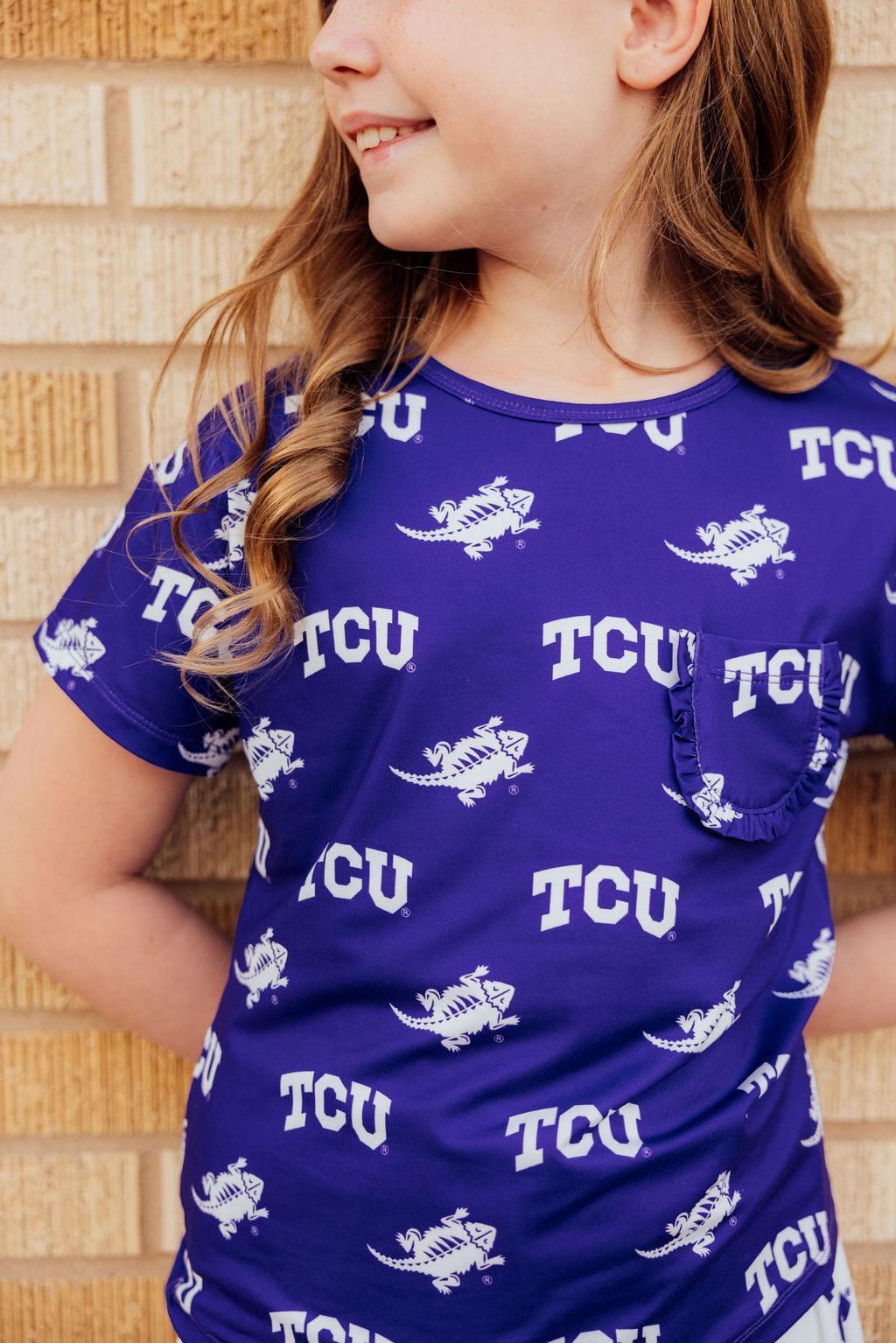 TCU Purple Frog Ruffle Pocket Tee 5