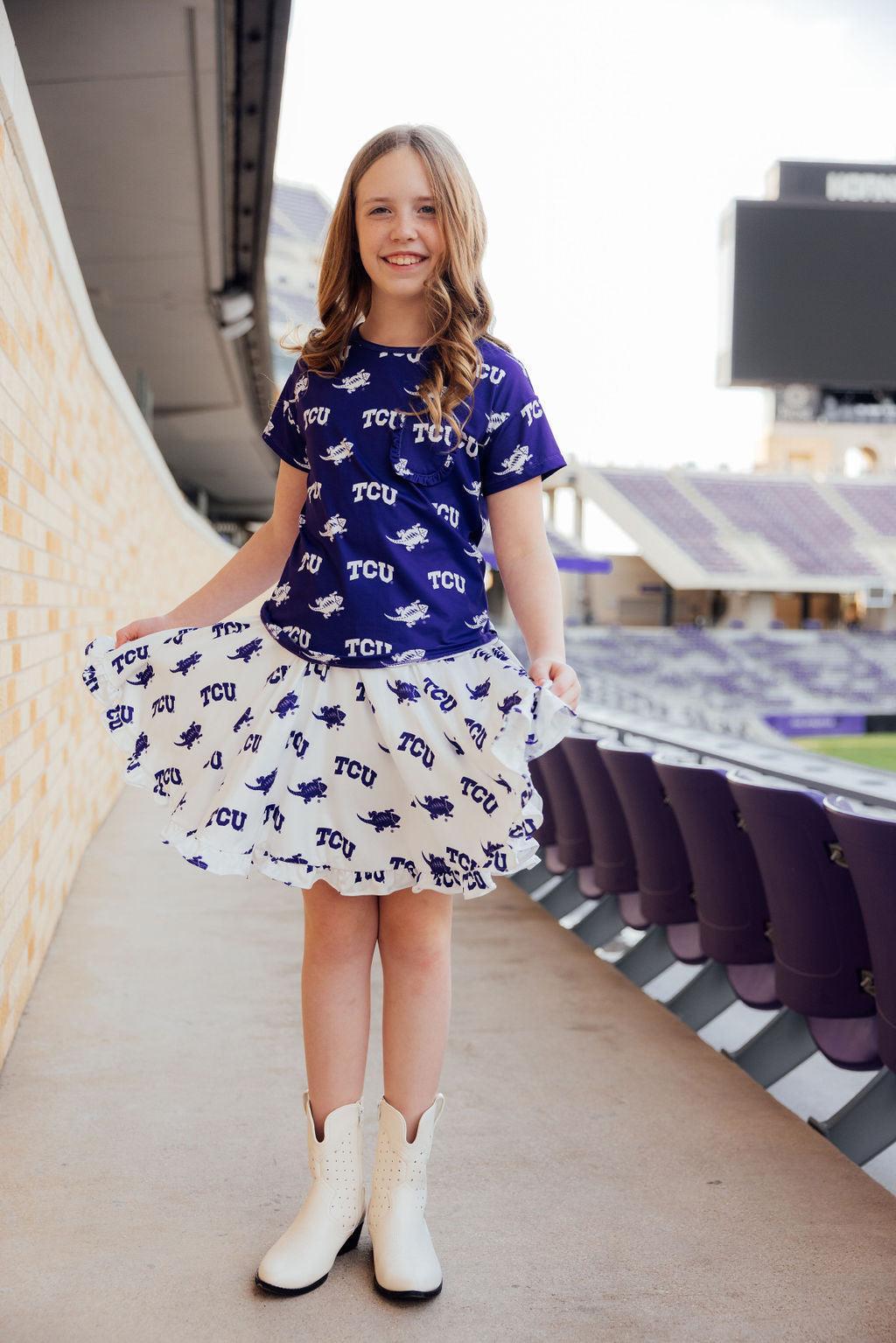 TCU Purple Frog Ruffle Pocket Tee 7