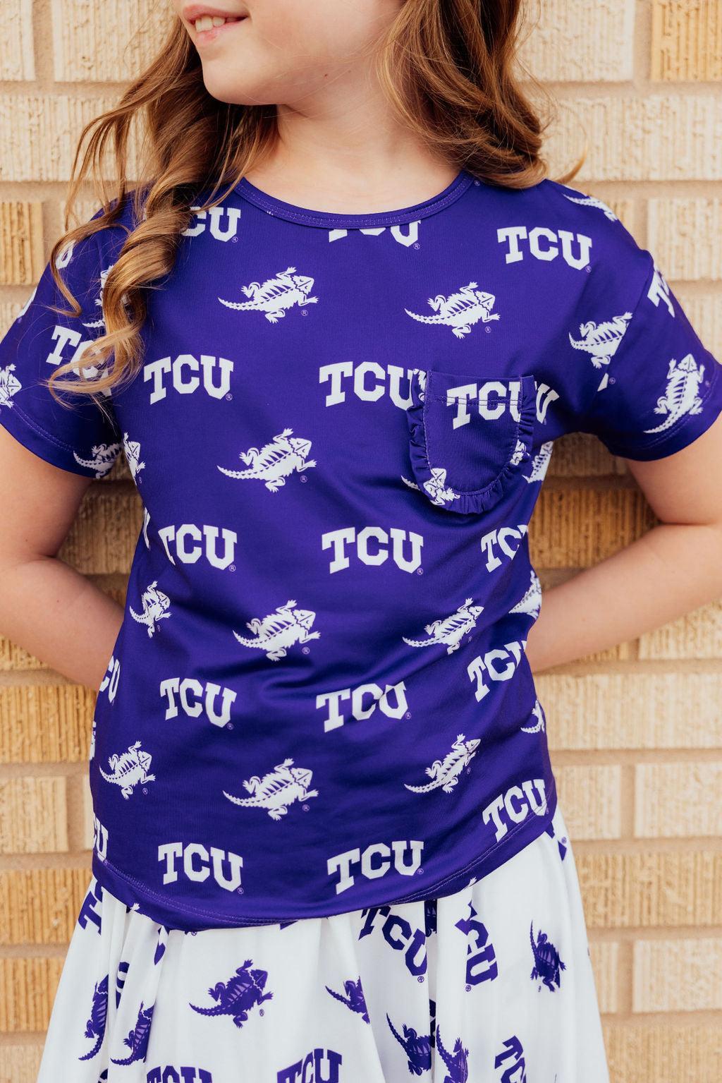 TCU Purple Frog Ruffle Pocket Tee 2