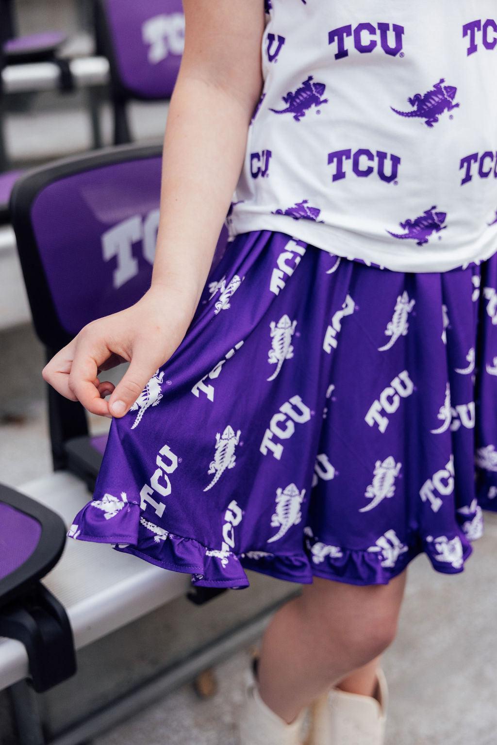 TCU Purple Frog Ruffle Twirl Skort 1