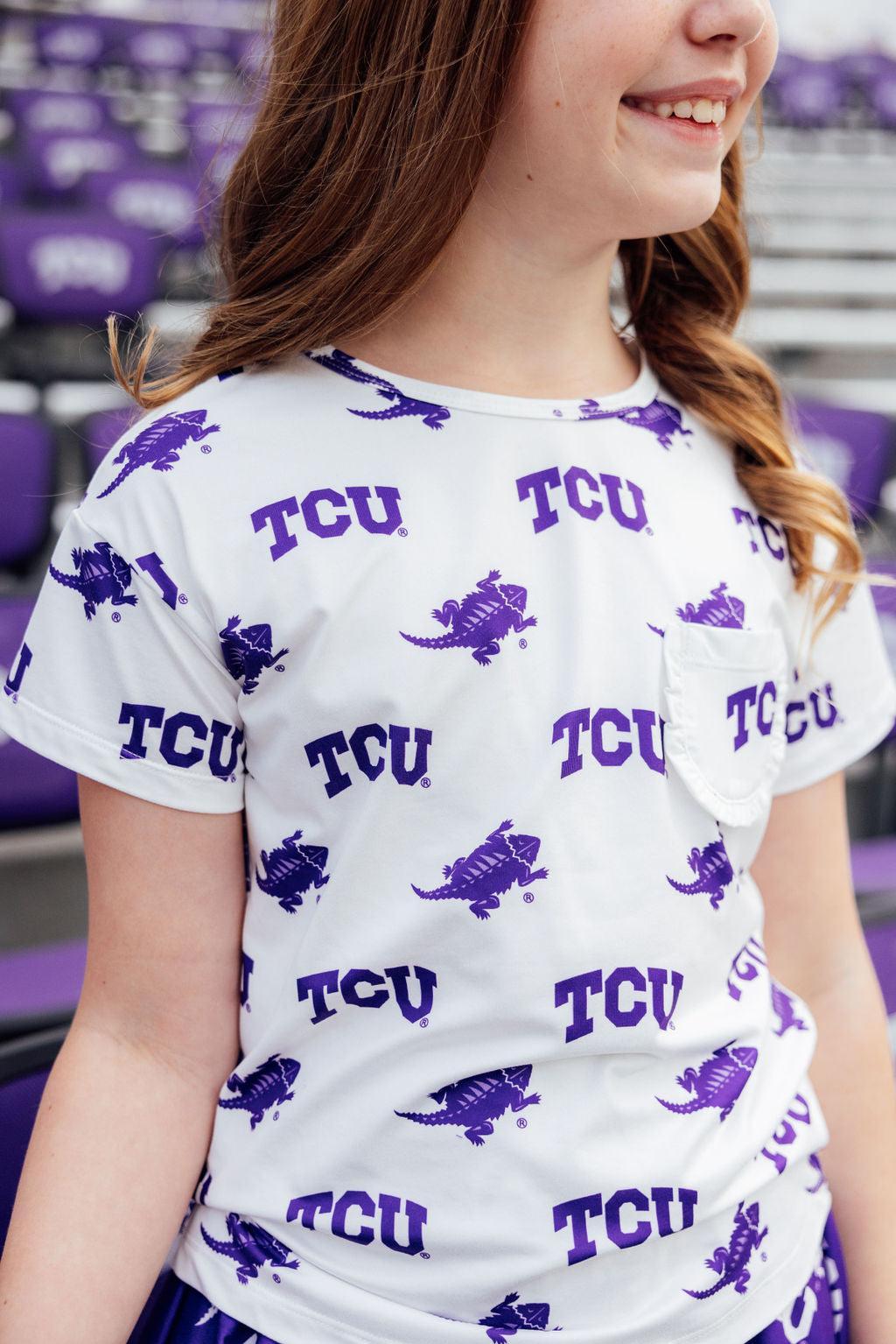 TCU White Frog Ruffle Pocket Tee 5