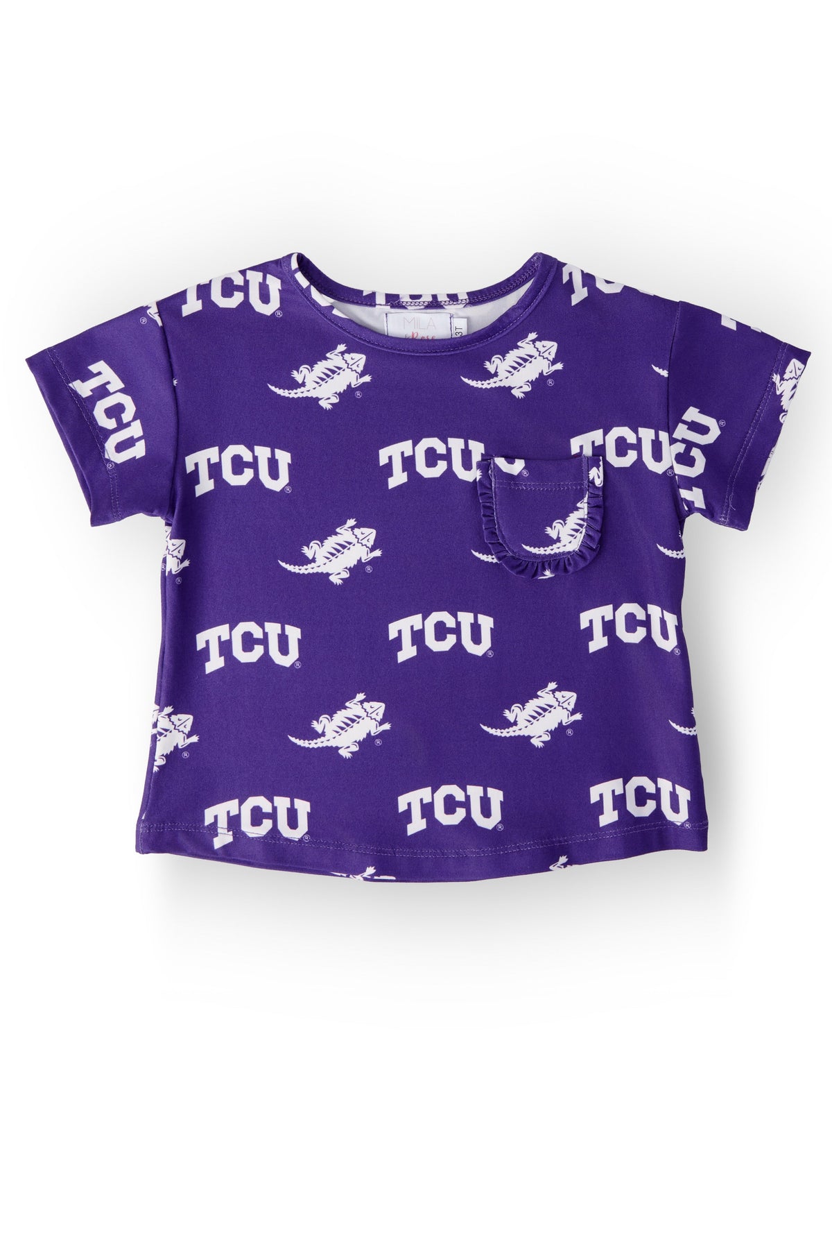 TCU Purple Frog Ruffle Pocket Tee 1