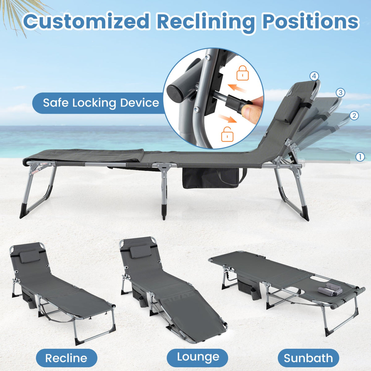 Tanning Chair with Face Arm Holes Portable Sunbathing Chair 17