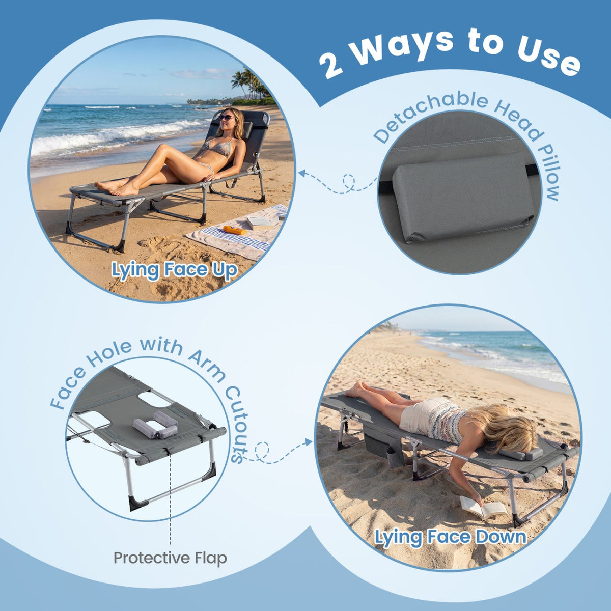 Tanning Chair with Face Arm Holes Portable Sunbathing Chair 21