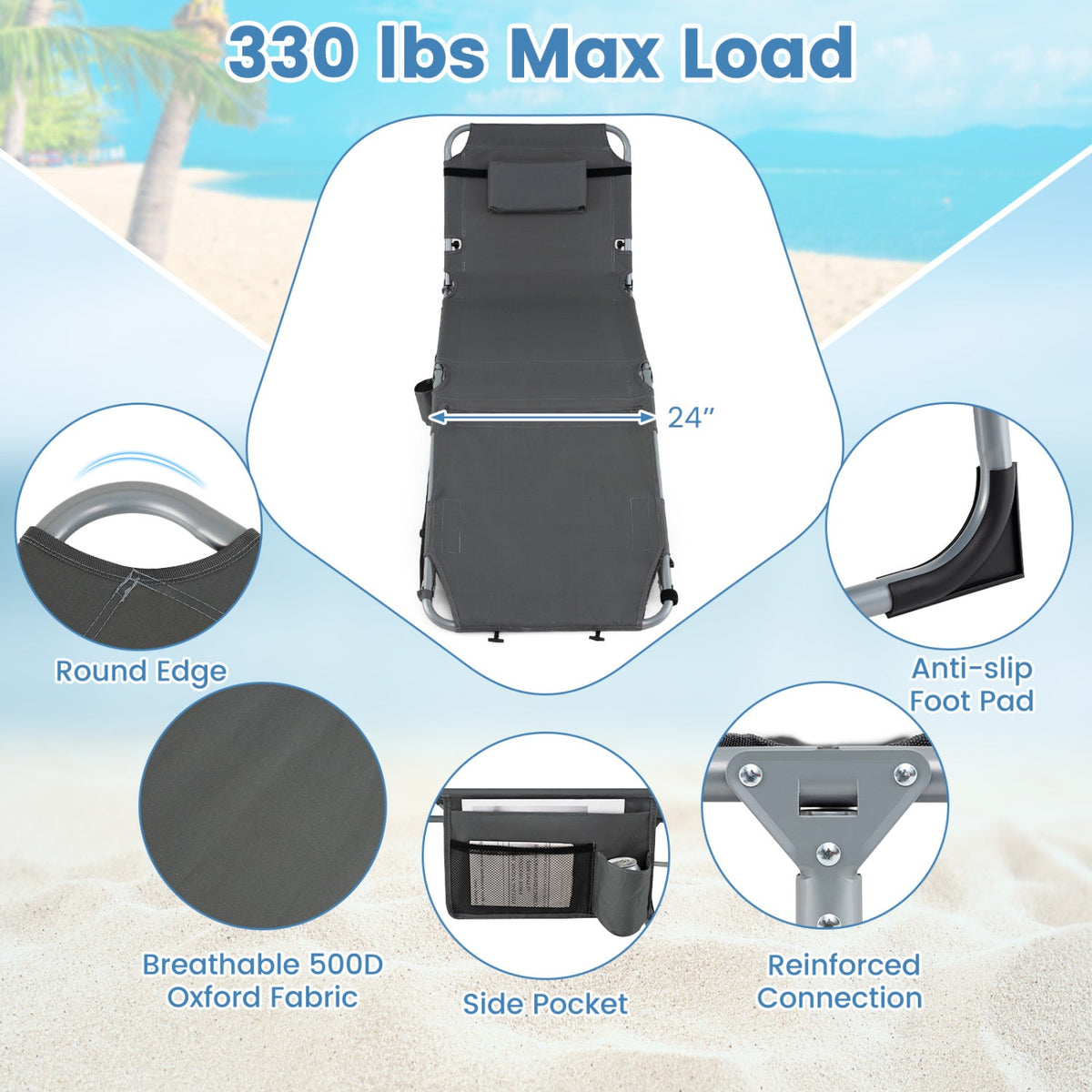 Tanning Chair with Face Arm Holes Portable Sunbathing Chair 32