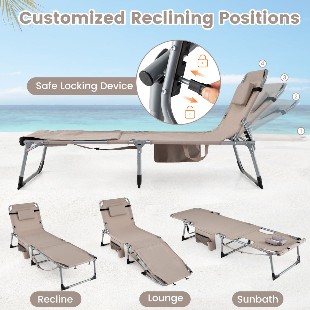 Tanning Chair with Face Arm Holes Portable Sunbathing Chair 18