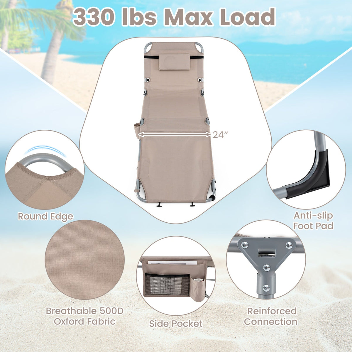 Tanning Chair with Face Arm Holes Portable Sunbathing Chair 30